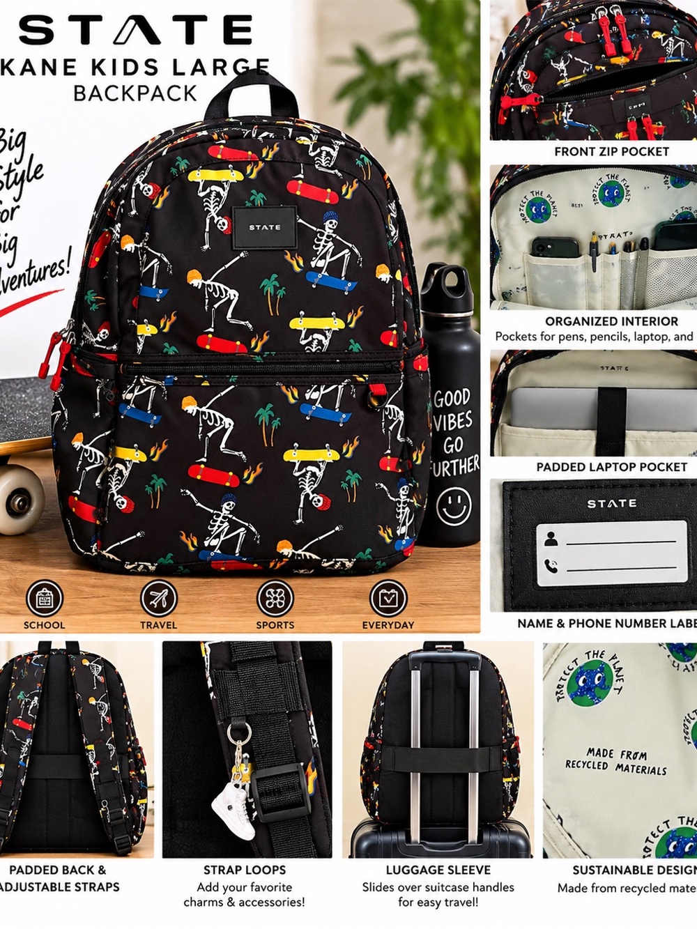 STATE Kids Black Backpack with Colorful Skateboard Skeleton Print